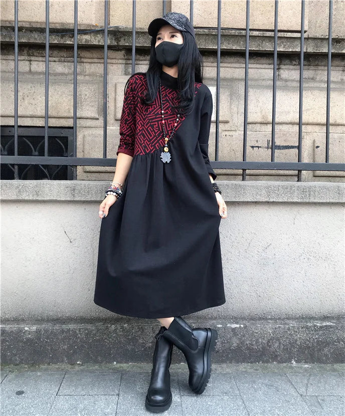 Loose Printed Turtleneck Dress For Women Elegant Casual