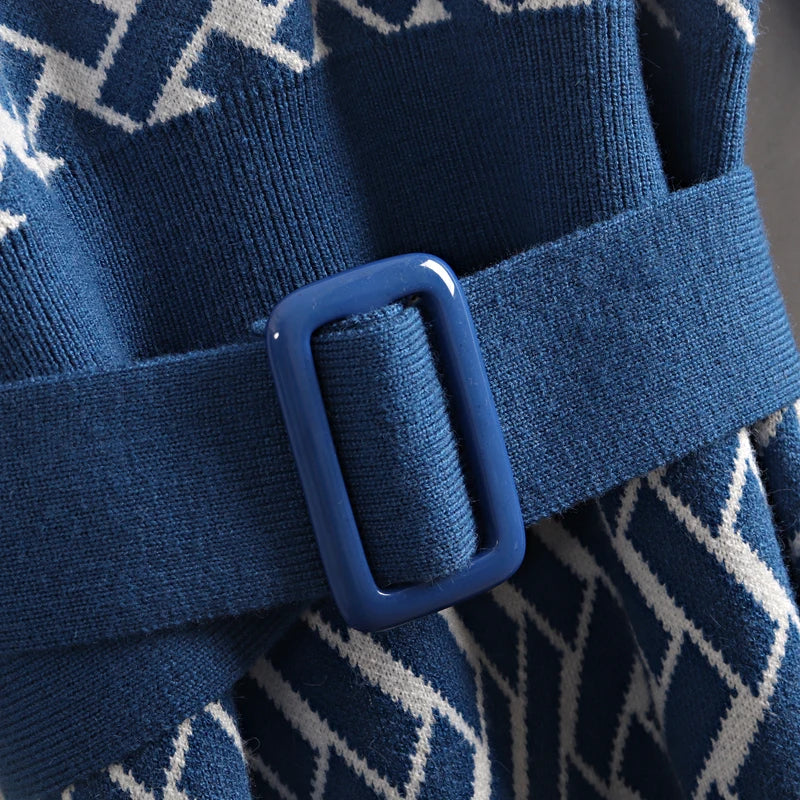 Jacquard Knit Sweater Dress With Belt Elegant Pleated Maxi