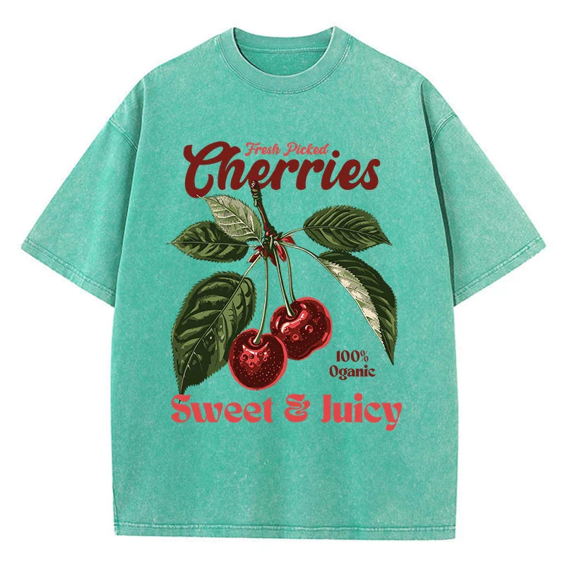 Fresh Picked Cherries Cotton T Shirt for Women with Distressed Oversized O Neck and Sweet Fruit Print Perfect for Casual Wear and Daily Life