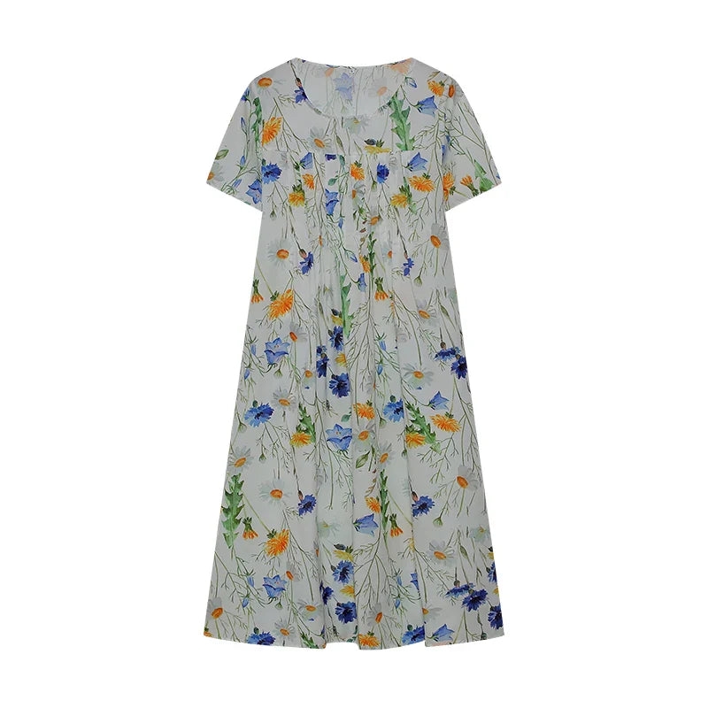 Elegant Swing Dress Round Neck Short Sleeve Printed