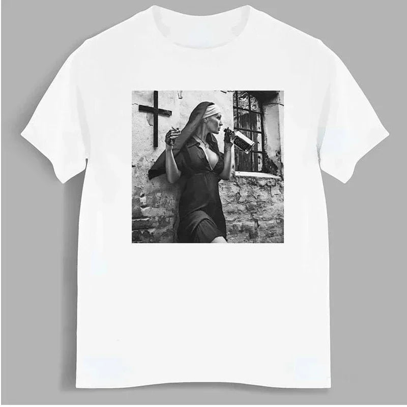 Nun Smokes Print TShirt for Women and Men Casual Streetwear Bowling Hipster Tee Summer Clothing