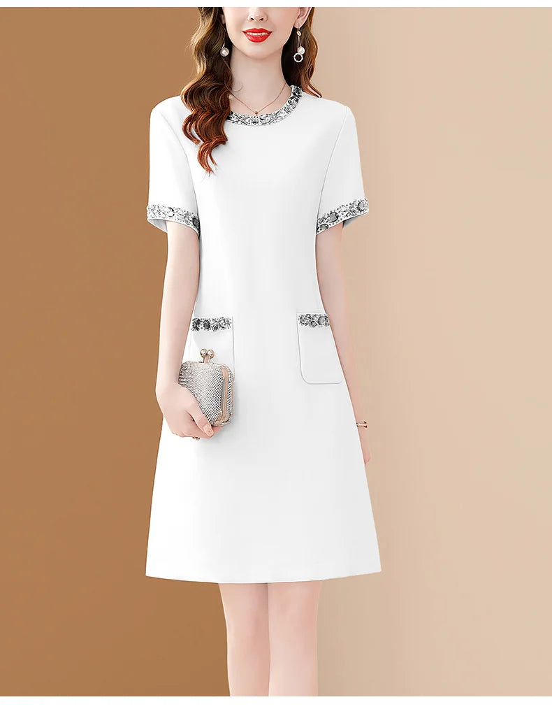 Elegant O Neck Embroidered A Line Dress For Women Office