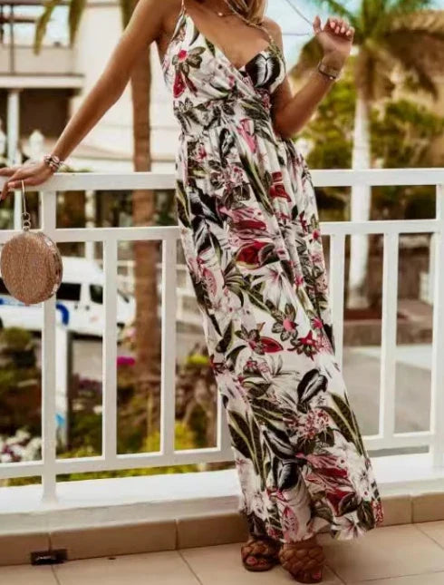 Bohemian Floral Chiffon Summer Dress With V Neckline