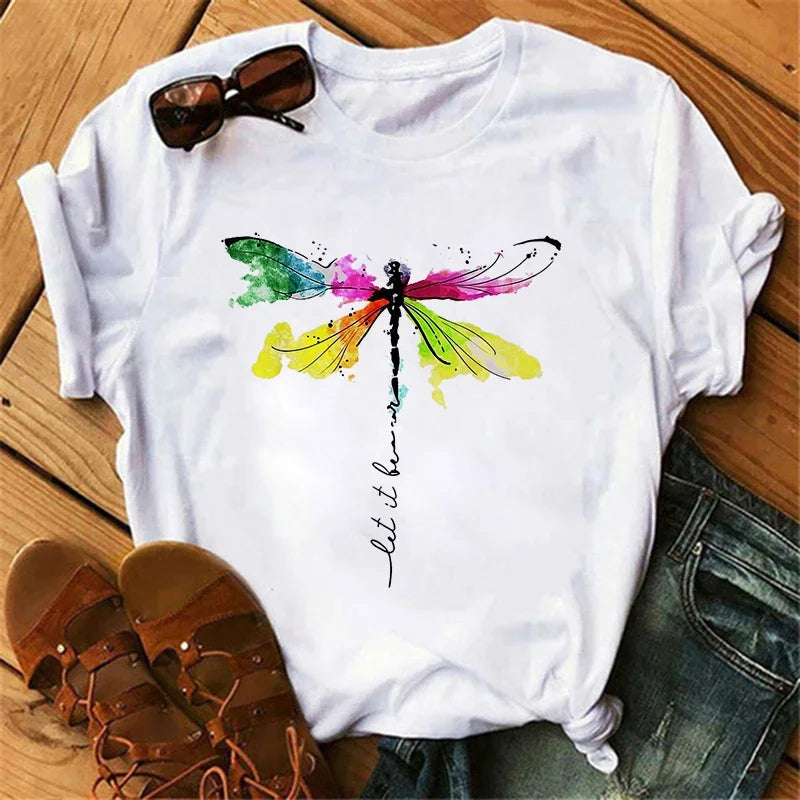 Women's Butterfly Tree Print Casual T-Shirt Round Neck Short Sleeve Summer Top