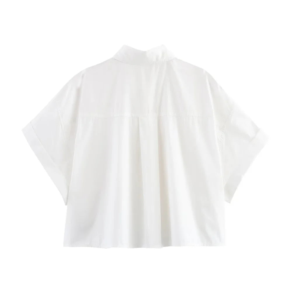 Women's Poplin Short Sleeve Shirt with Elegant Collar Buckle Detail Casual Lightweight Top for Spring and Summer