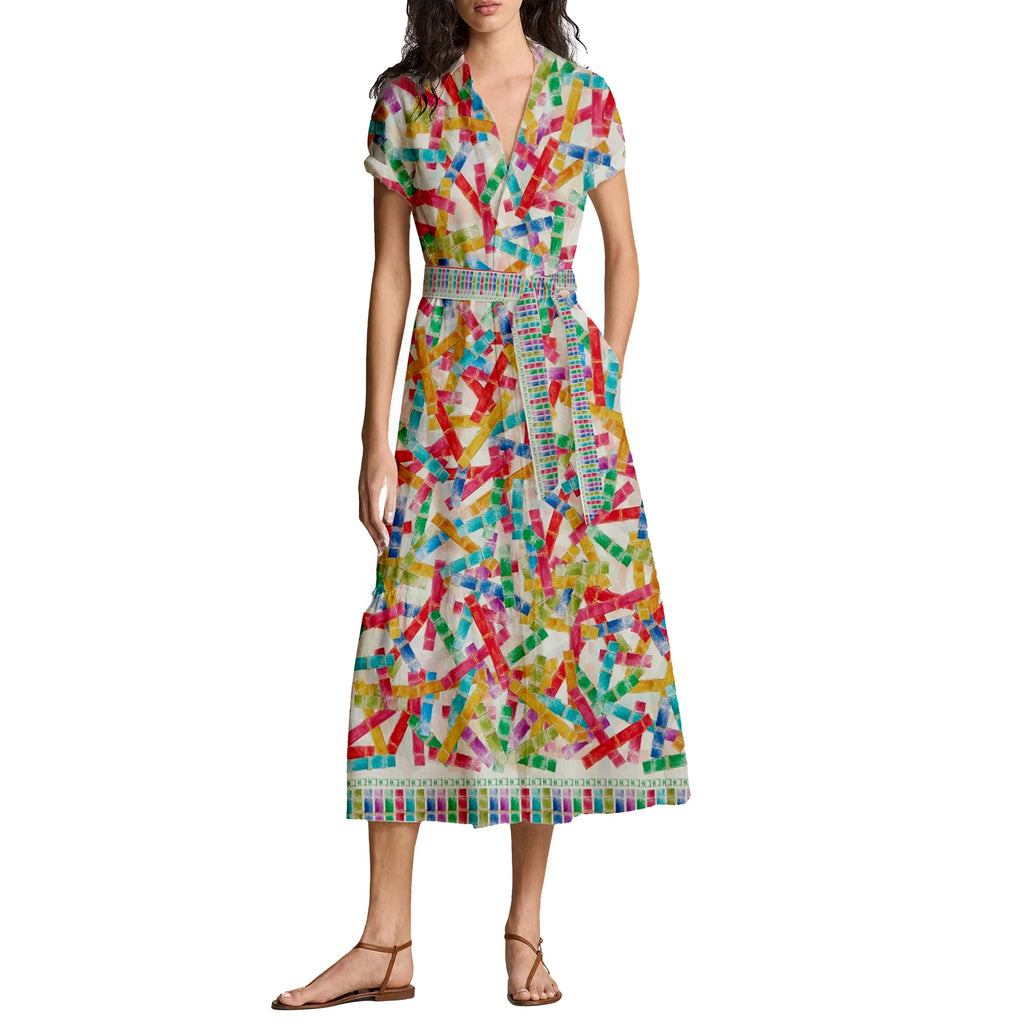 Summer Printed Shirt Dress For Women With Lapel Half Sleeve