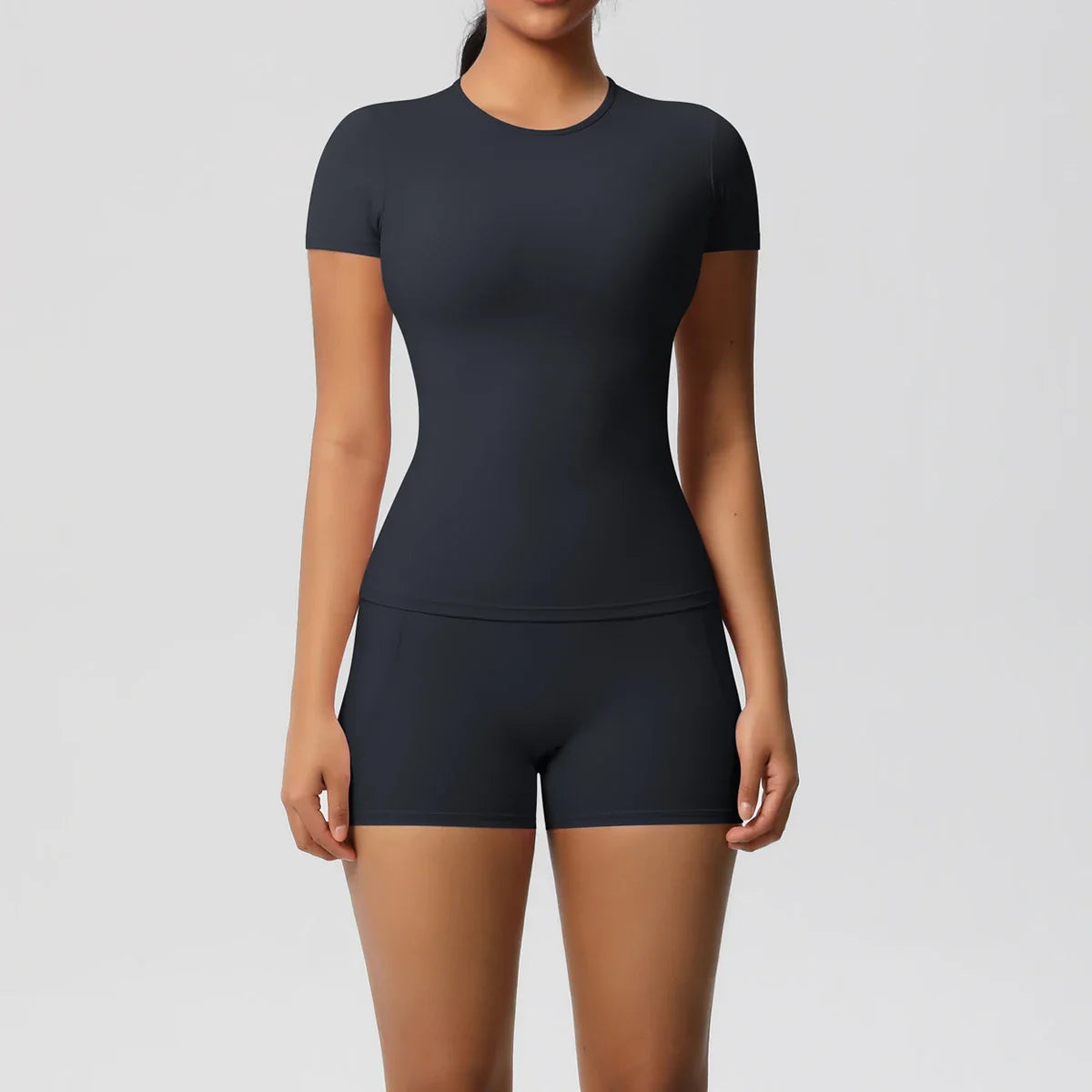 2PCS Women's Yoga Set with Pocketed Shorts and Short Sleeve Crop Top Sports Bra Comfortable Fitness Tracksuit Activewear for Gym and Outdoor Workouts