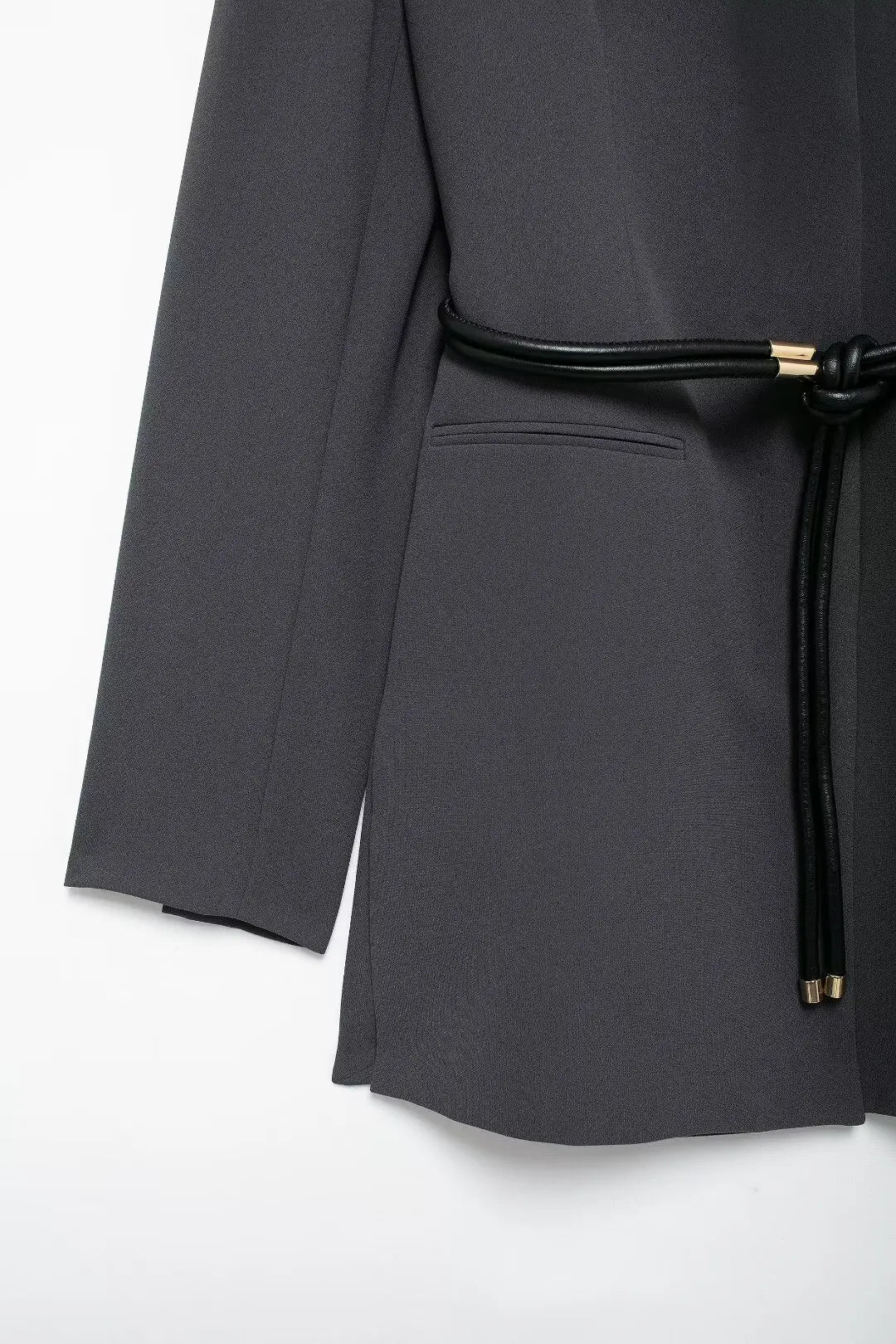 Women's Fashion Long Sleeve Suit Jacket with Belt and Zipper Straight Pants Set