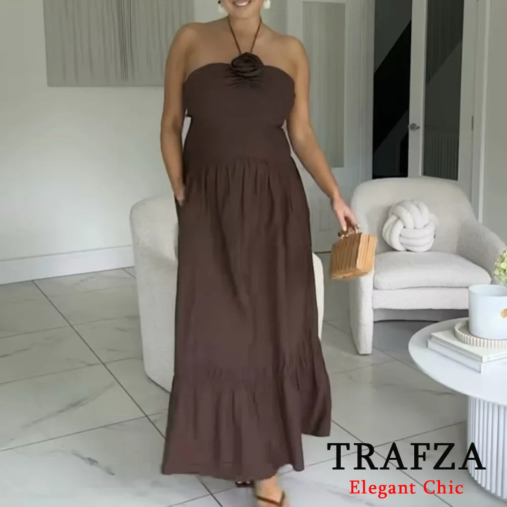 Brown Backless Halter Dress With Floral Embellishment