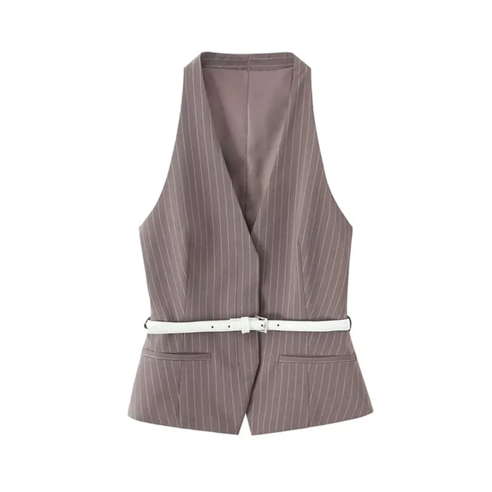 Women's Fashion Striped Two-Piece Set with Belted Waistcoat Top and Low Waist Pocketed Pants