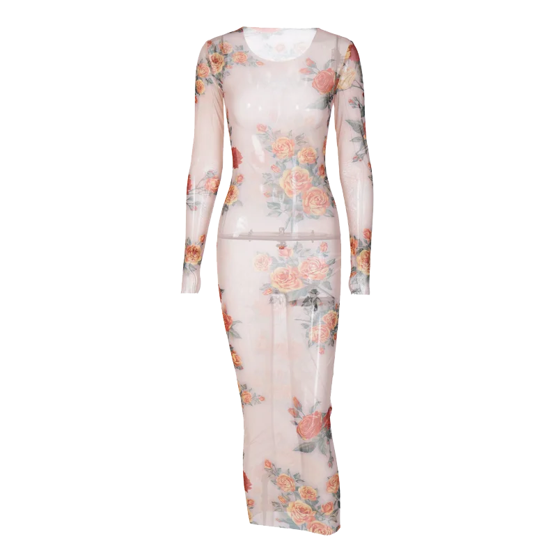 Sheer Mesh Floral Maxi Dress Long Sleeve Beachwear