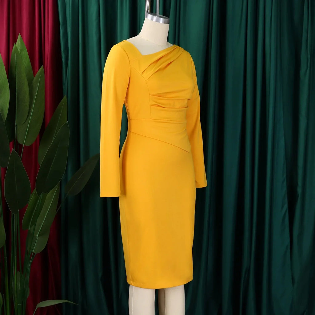 Professional Midi Office Dress for Women with Long Sleeves