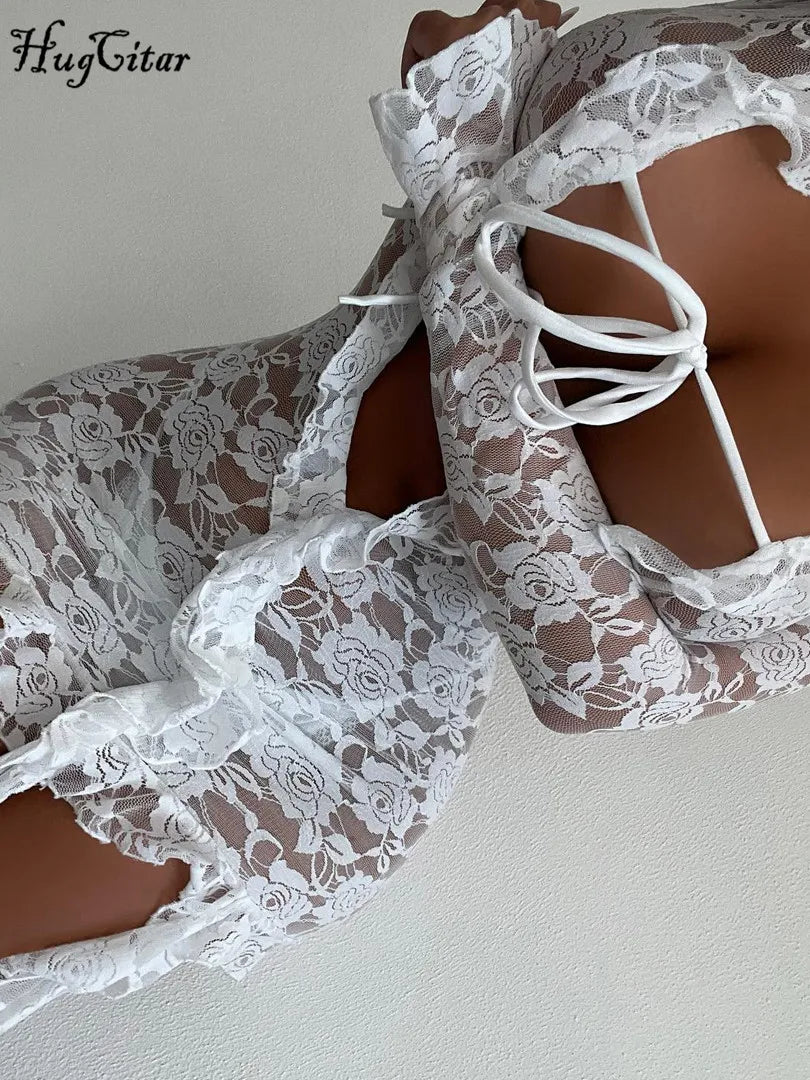 Mesh Floral Print Deep V Neck Lace Up Mini Dress See Through