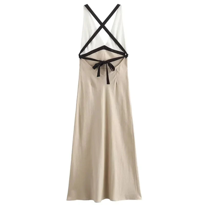 Backless Halter Party Dress With V Neck Patchwork Long Gown