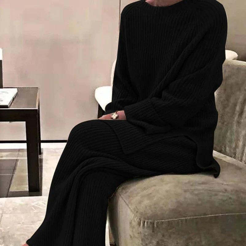 Women Loose Knit Sweater Set with Wide Leg Pants O Neck Pullover Autumn Winter Homewear 2 Pieces