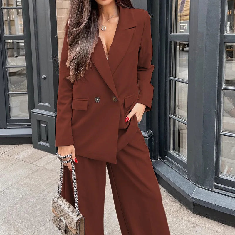 Bamboo Fashion Blazer Suit and Wide Leg Pants Set for Women