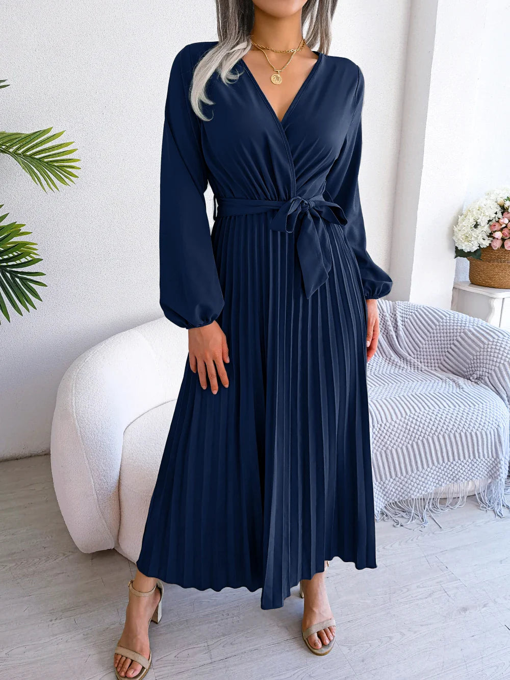 Elegant Surplice Neck Pleated Maxi Dress With Belt Flair