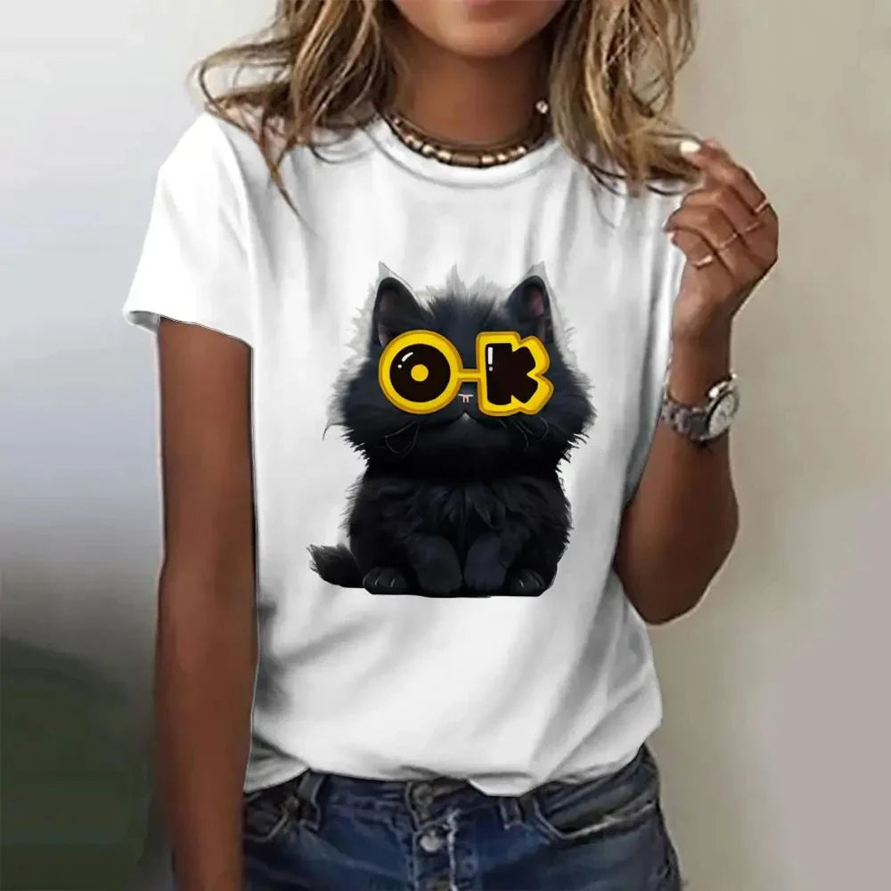 Cute Cat Printed Women's T-Shirt Comfortable Casual Short Sleeve Top for Daily Wear