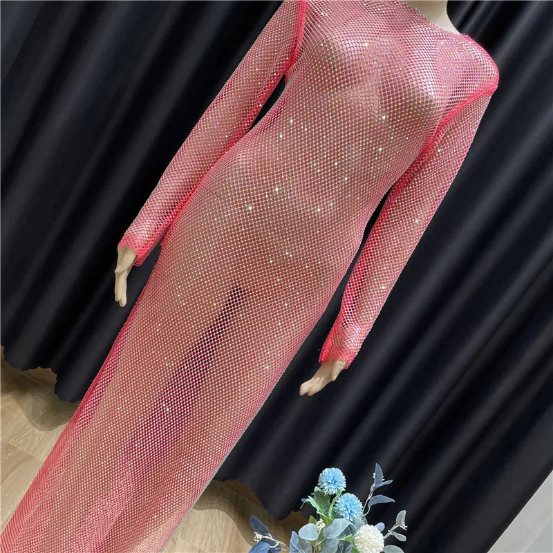 Rhinestone See Through Club Dress With Fishnet Details