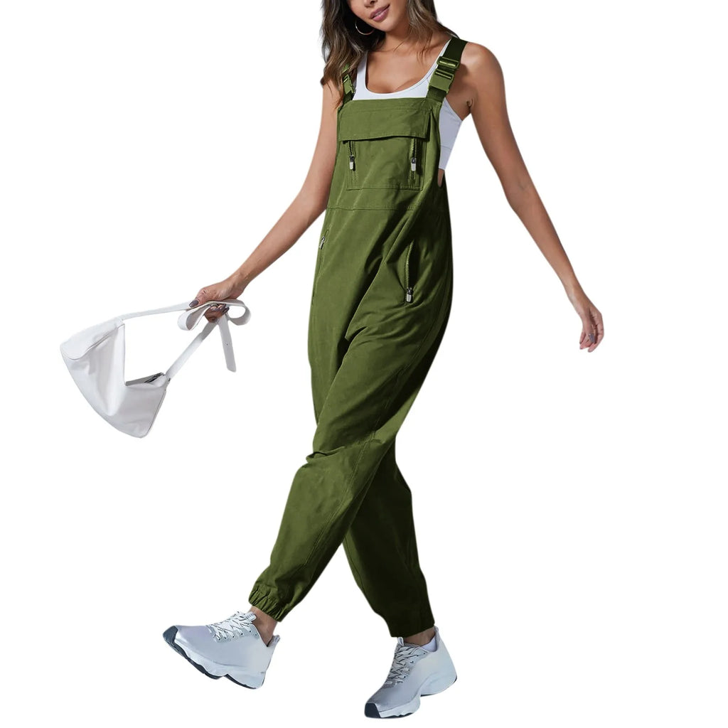 Women's Summer Casual Loose Wide Leg Jumpsuit with Adjustable Straps Pockets and Retro Button Detail Solid Color Sleeveless Overalls