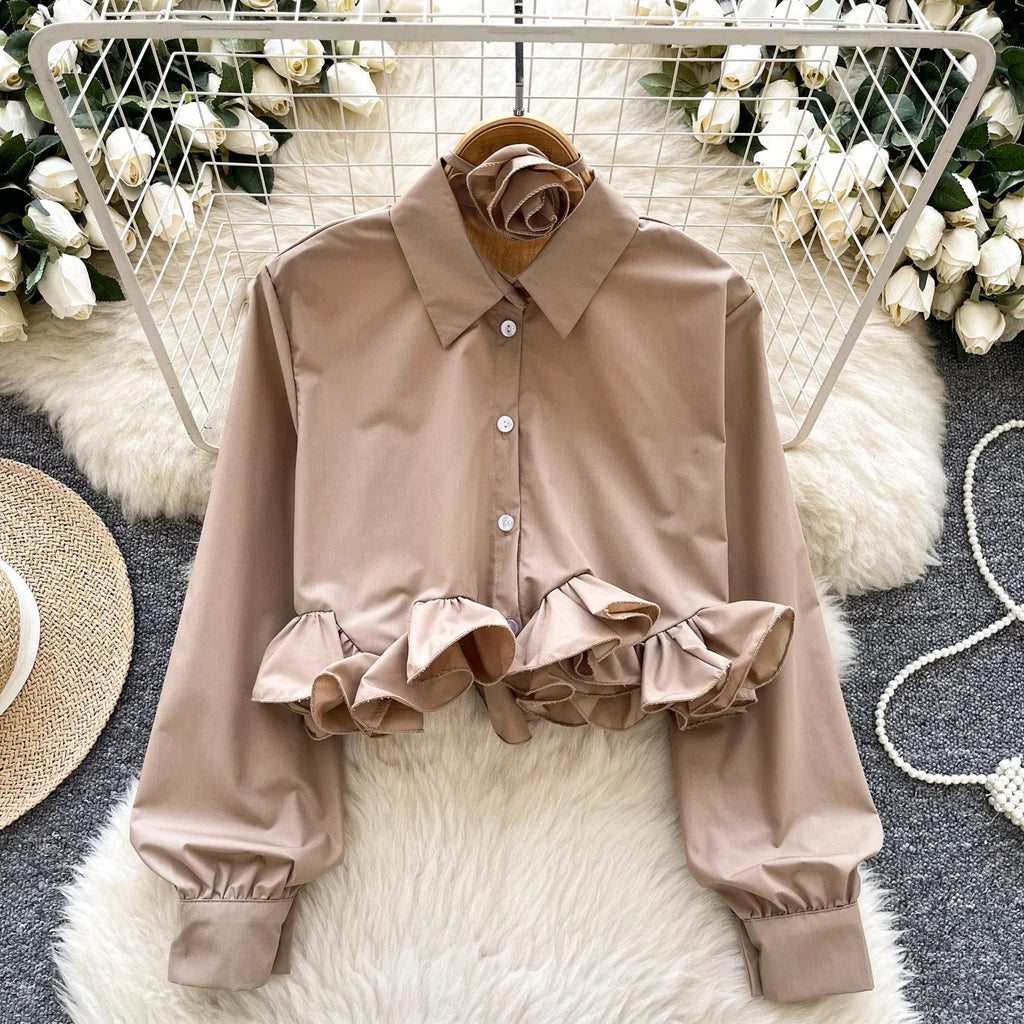 Women's 3D Floral Long Sleeve Blouse Single Breasted Turn-Down Collar Slim Fit Solid Color Shirt