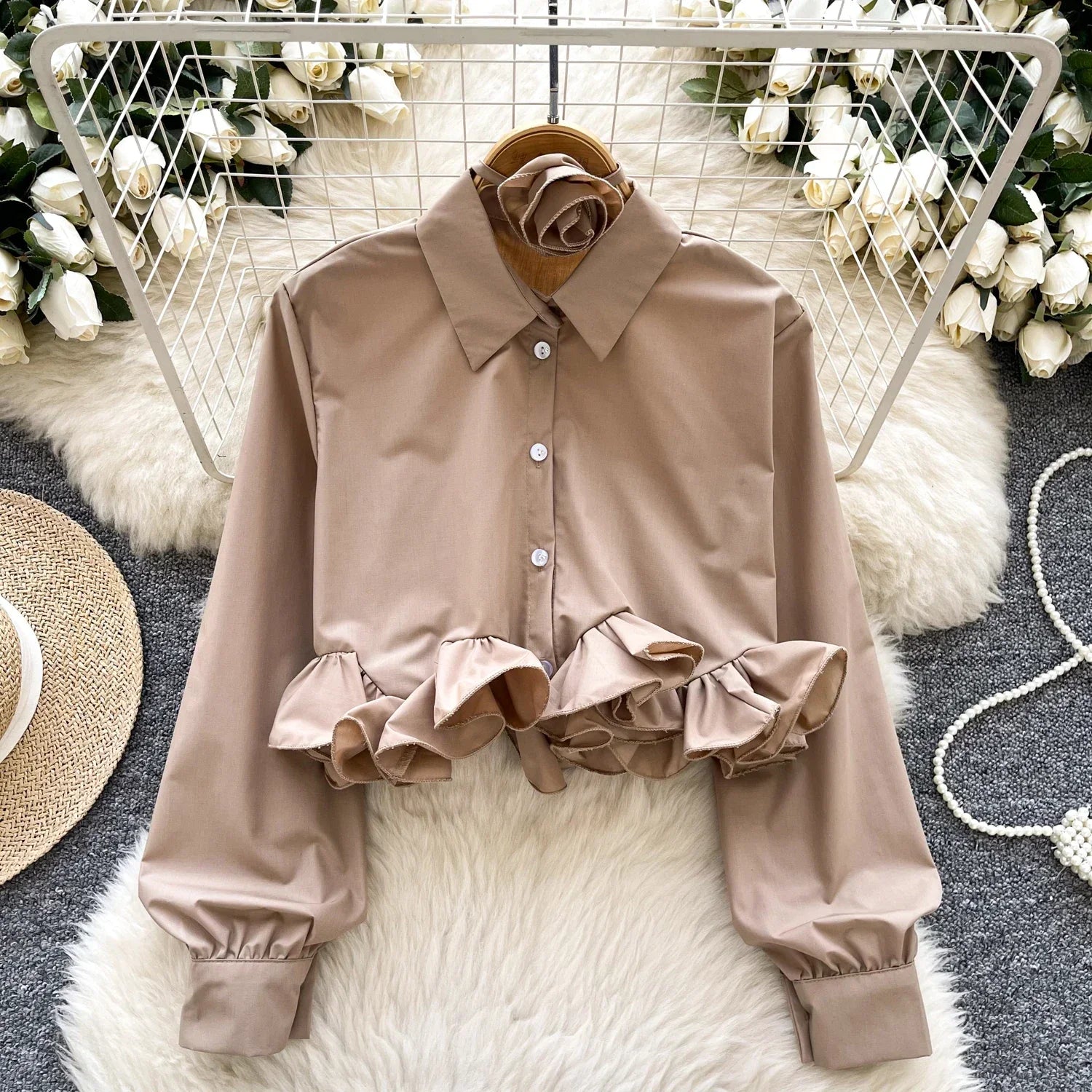 Women's 3D Floral Long Sleeve Blouse Single Breasted Turn-Down Collar Slim Fit Solid Color Shirt