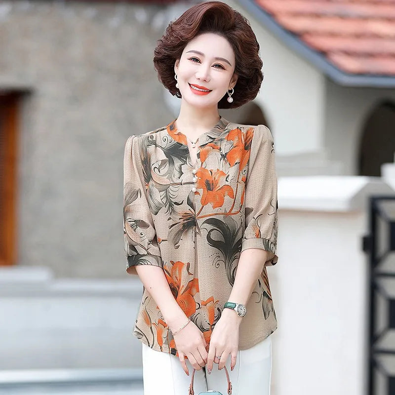 Summer Vintage Floral Blouse for Women Single-Breasted Round Neck Half Sleeve Casual Shirt with Broken Flower Print
