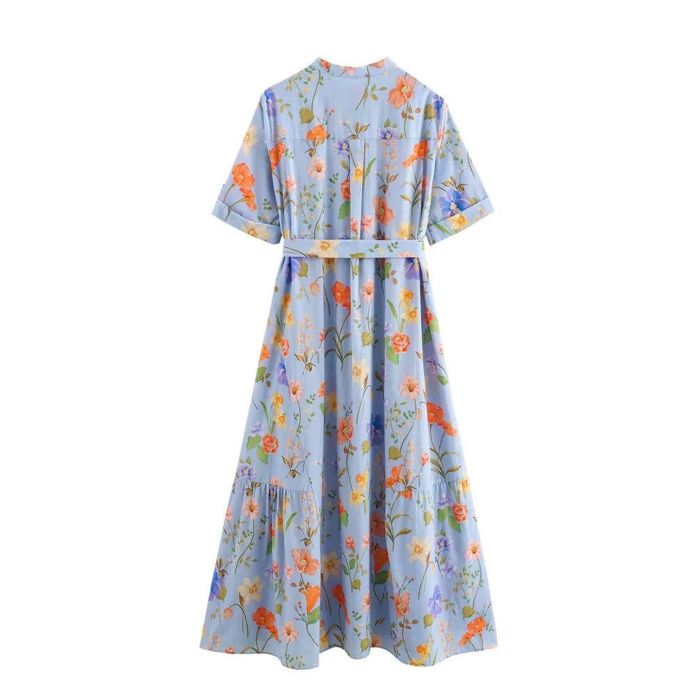 Floral Print Belted Maxi Dress for Women Round Neck