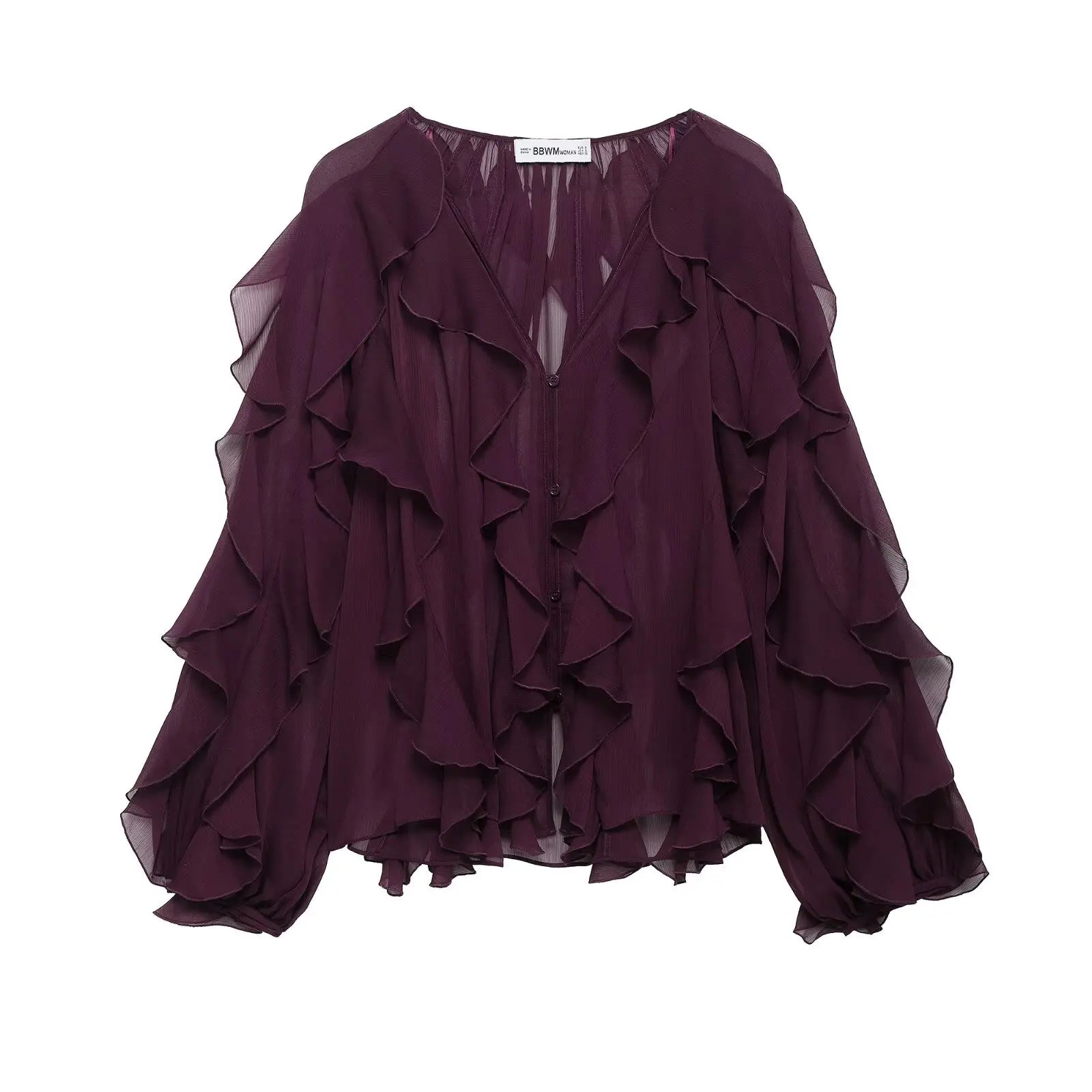 Women's Vintage V-Neck Ruffled Blouse Long Sleeve Solid Color Chic Fashion Top for Ladies