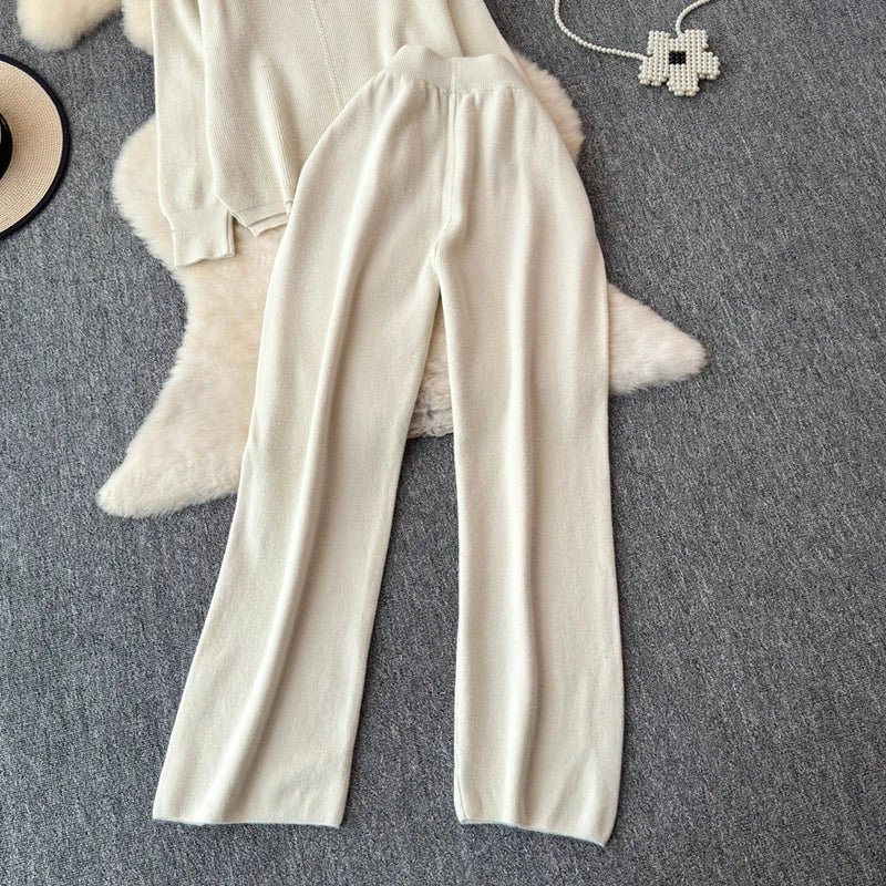 Cozy Knitted Two-Piece Women's Tracksuit Set with V-Neck Sweater and Straight Jogging Pants Autumn Winter Lounge Wear