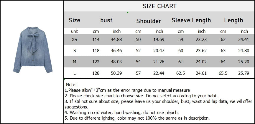 Women's Blue Denim Shirt With Stand Collar Bow Detail Single Breasted Long Sleeve Loose Fit Sweet Solid Casual Top