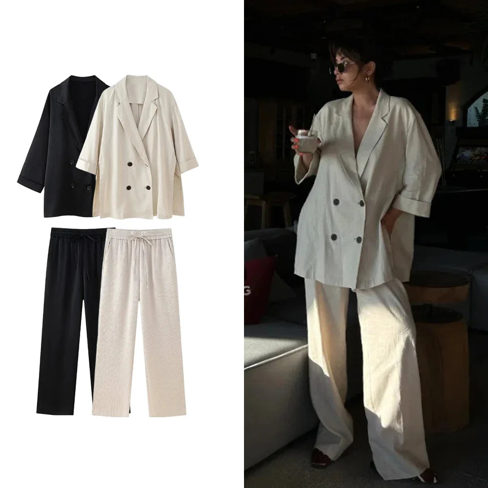 Women's Satin Blazer and High Waisted Straight Leg Pant Set with Crease Texture
