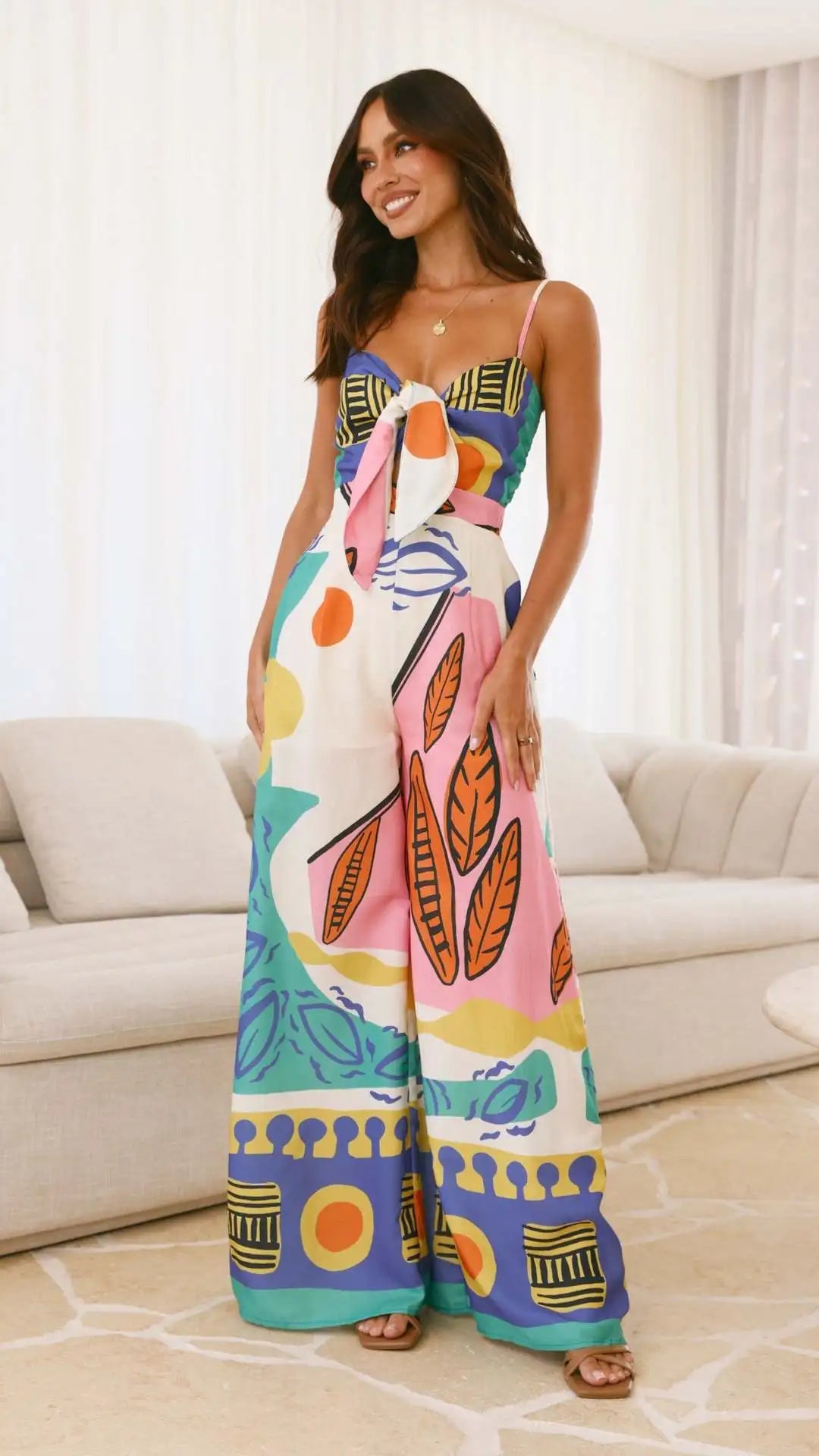 Women's Summer Printed Spaghetti Strap Jumpsuit with Hollow Out Lace-Up Detail High Waist Wide Leg Bohemian Style