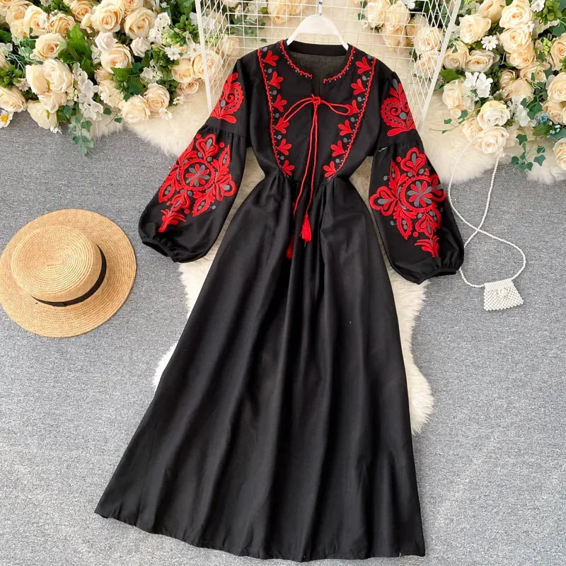 Bohemian Embroidered Floral Dress With Lantern Sleeve