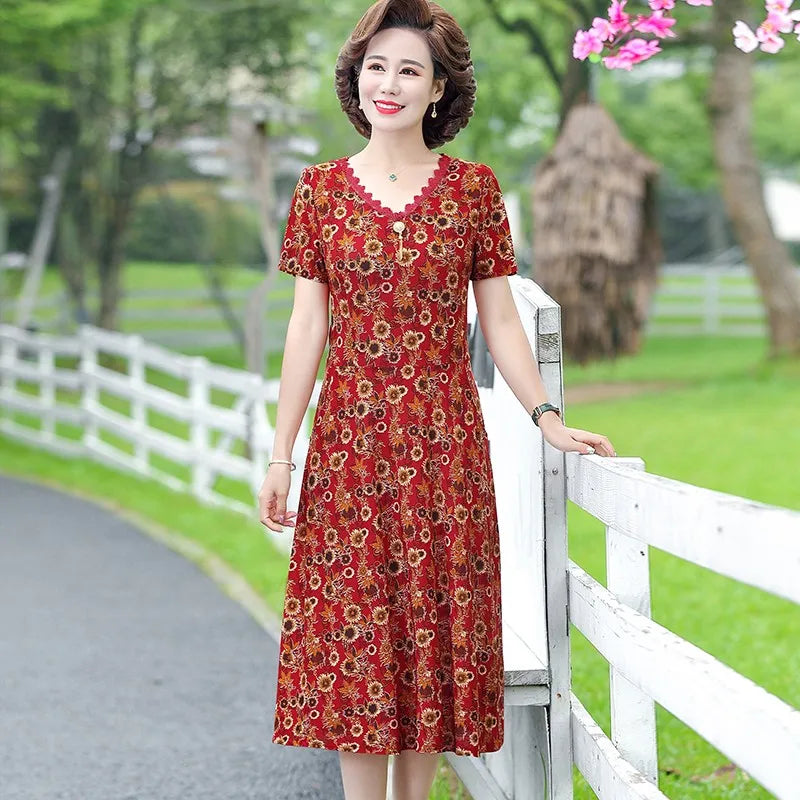 Bohemian Summer Dress With V Neck Print Vintage Midi