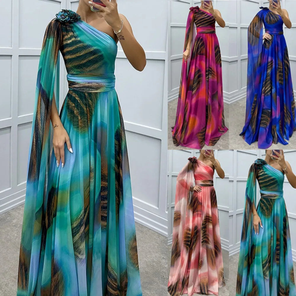 One Shoulder Chiffon Printed Dress Casual Party Wear