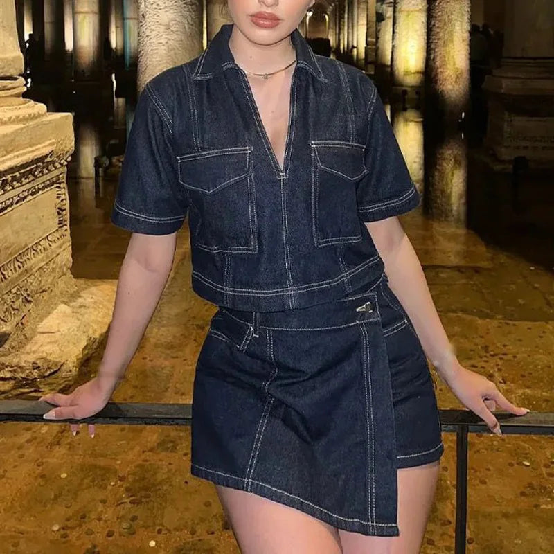 Asymmetric High Waist Denim Mini Skirt and Cropped Short Sleeve Top Two Piece Set for Women Streetwear