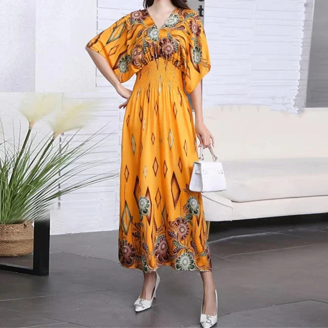 Bohemian Ethnic Print Midi Dress V Neck With Batwing Sleeves
