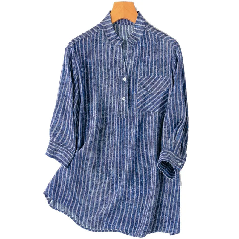 Women 100 Percent Mulberry Crepe Silk Shirt Blue Jeans Stripe Printed Three Quarter Sleeve Pullover Blouse Elegant Office Top in M L XL