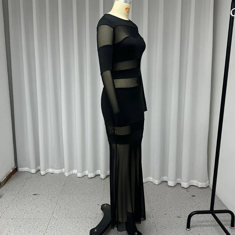 Hollow Out Sheer Dress For Women Round Neck Long Sleeve