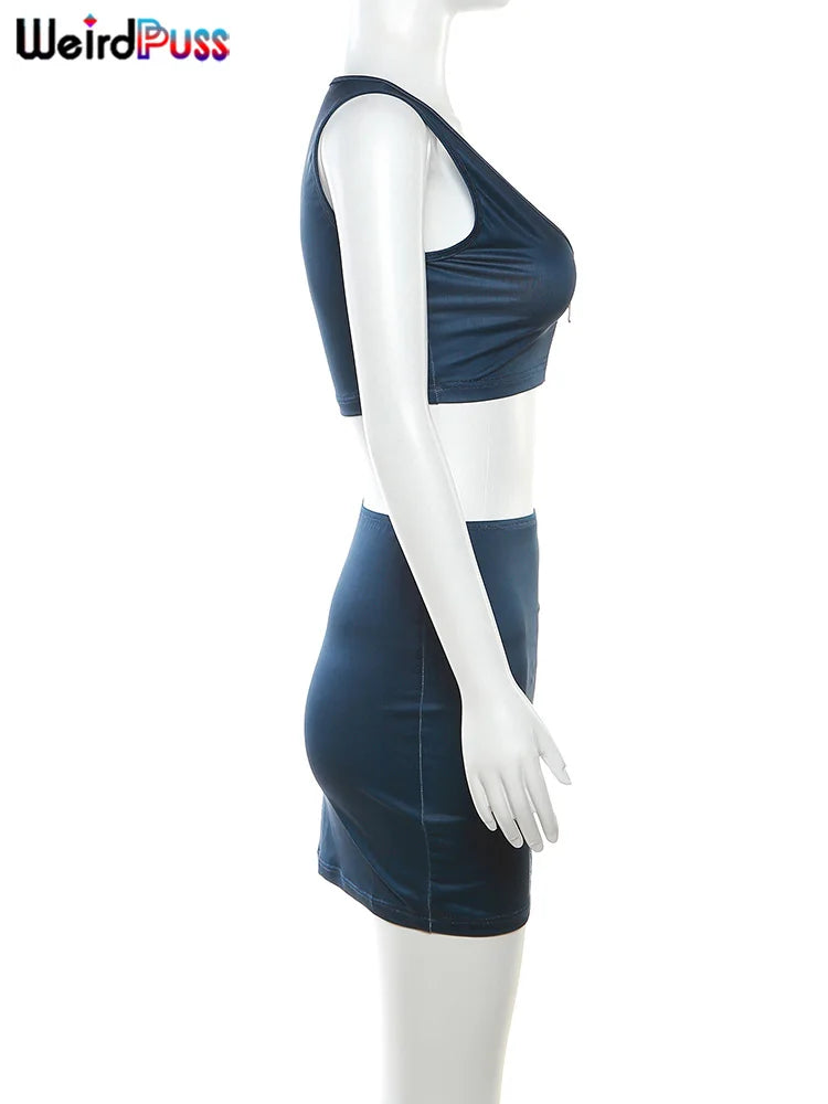 Weird Puss Solid 2 Piece Set Women Low-Neck Zipper Tank Top and Peach Hip Skirt Stretchy Clubwear Matching Outfit
