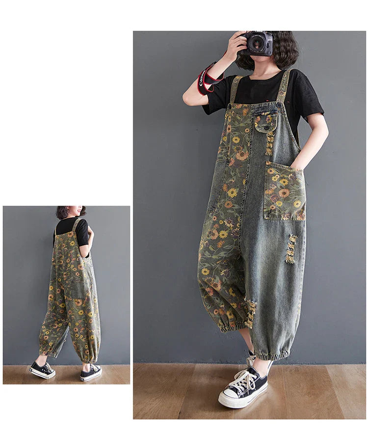 Casual Oversized Floral Print Denim Overalls for Women Loose Wide Leg Mom Jeans Romper Jumpsuit with Cargo Straps Baggy Pants
