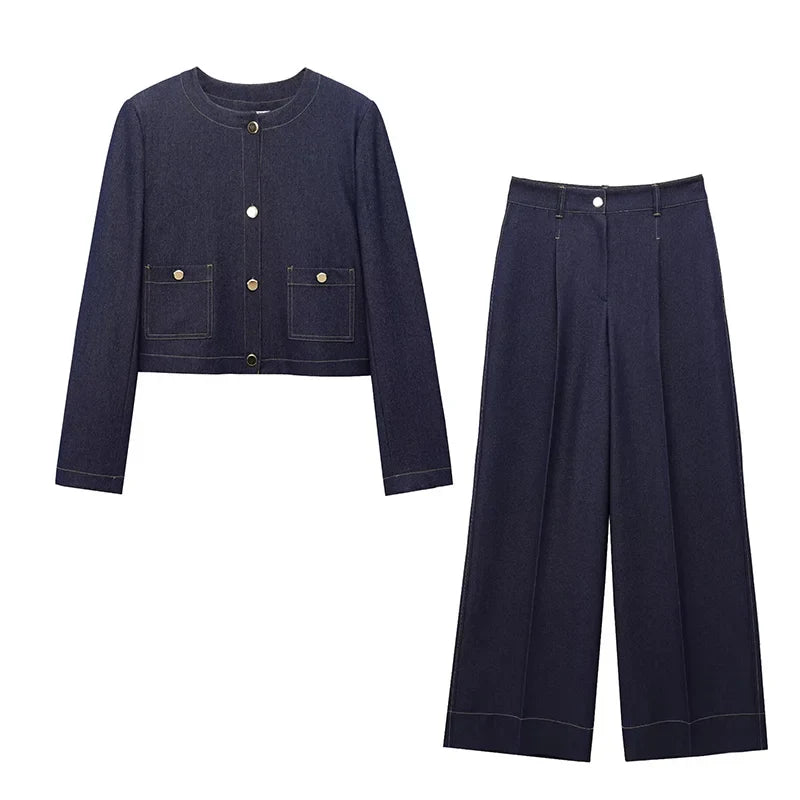 Fashion Women Solid Jacket and Wide Leg Pant Set with Cropped Coat and Zipper Details