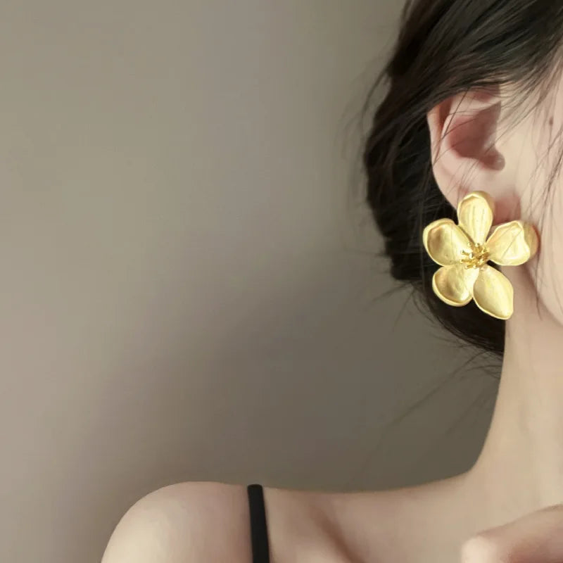 Gold Color Matte Texture Metal Flower Retro Earrings for Women Fashion Party Jewelry Gifts