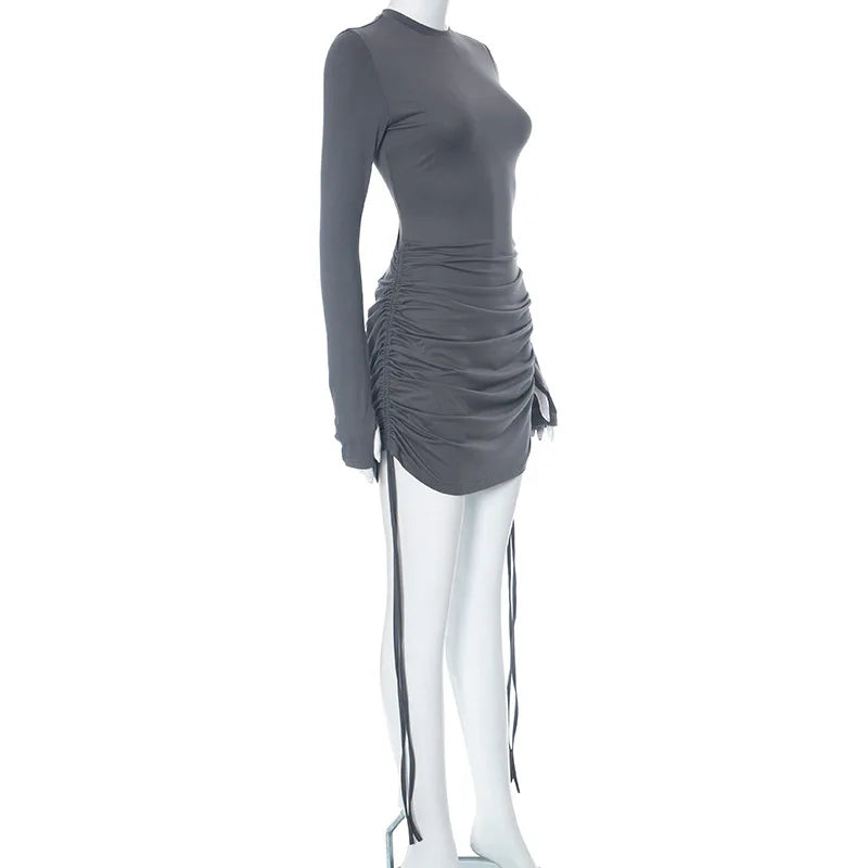 Y2K Ruched Bodycon Mini Dress Long Sleeve Black Party