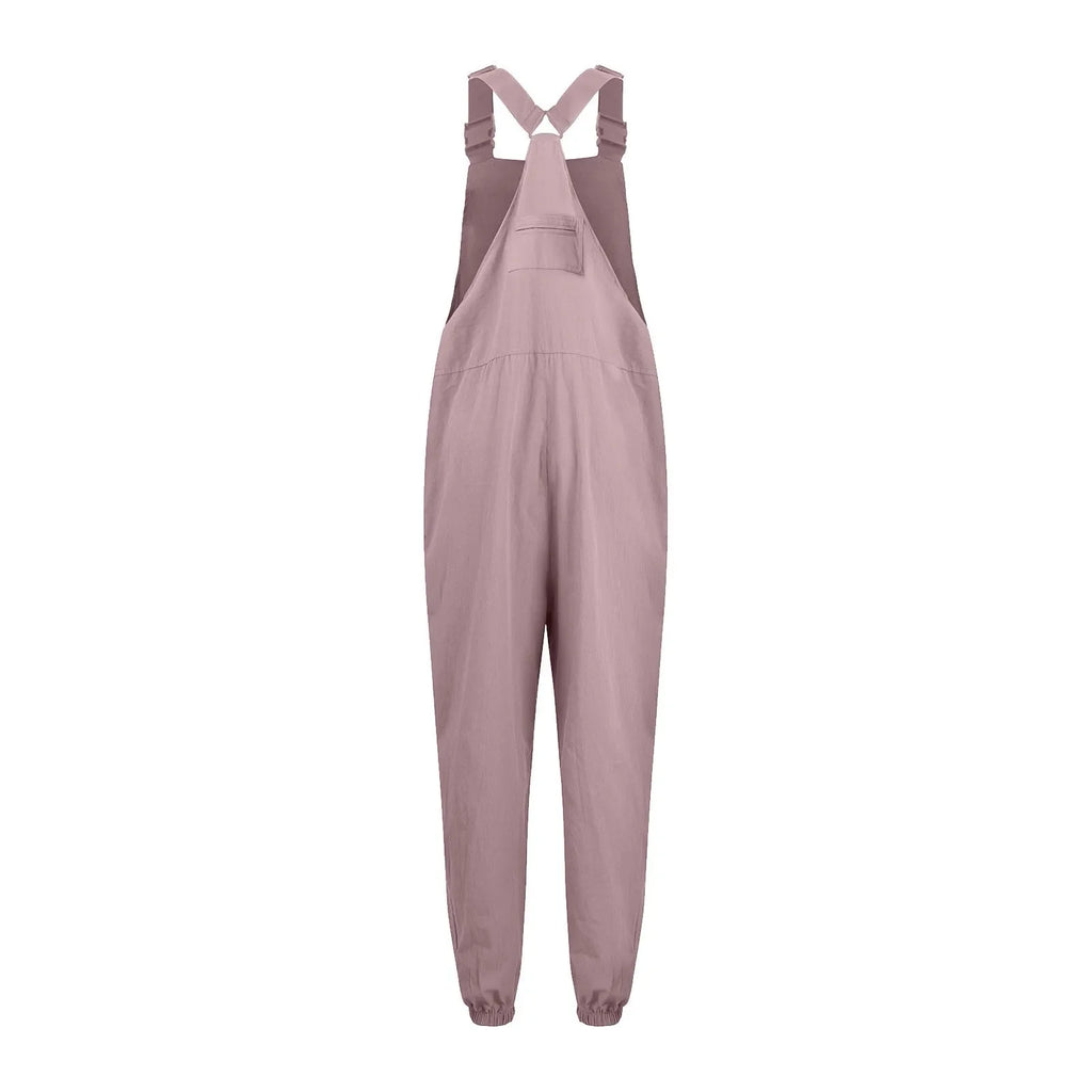 Women's Summer Casual Loose Wide Leg Jumpsuit with Adjustable Straps Pockets and Retro Button Detail Solid Color Sleeveless Overalls