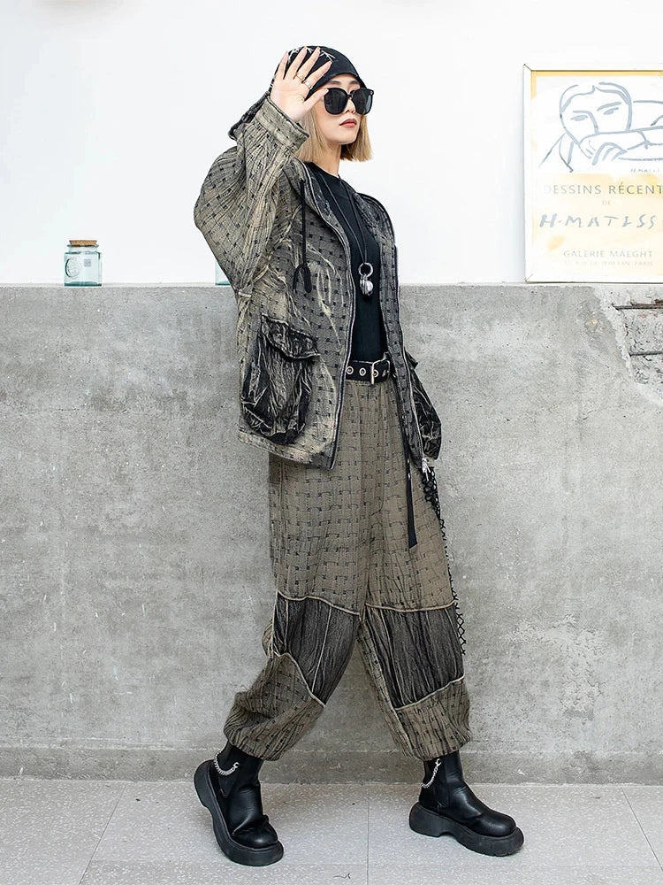 Vintage Denim Two Piece Women's Jacket and Pants Set with Hooded Coat and Casual Mesh Pants