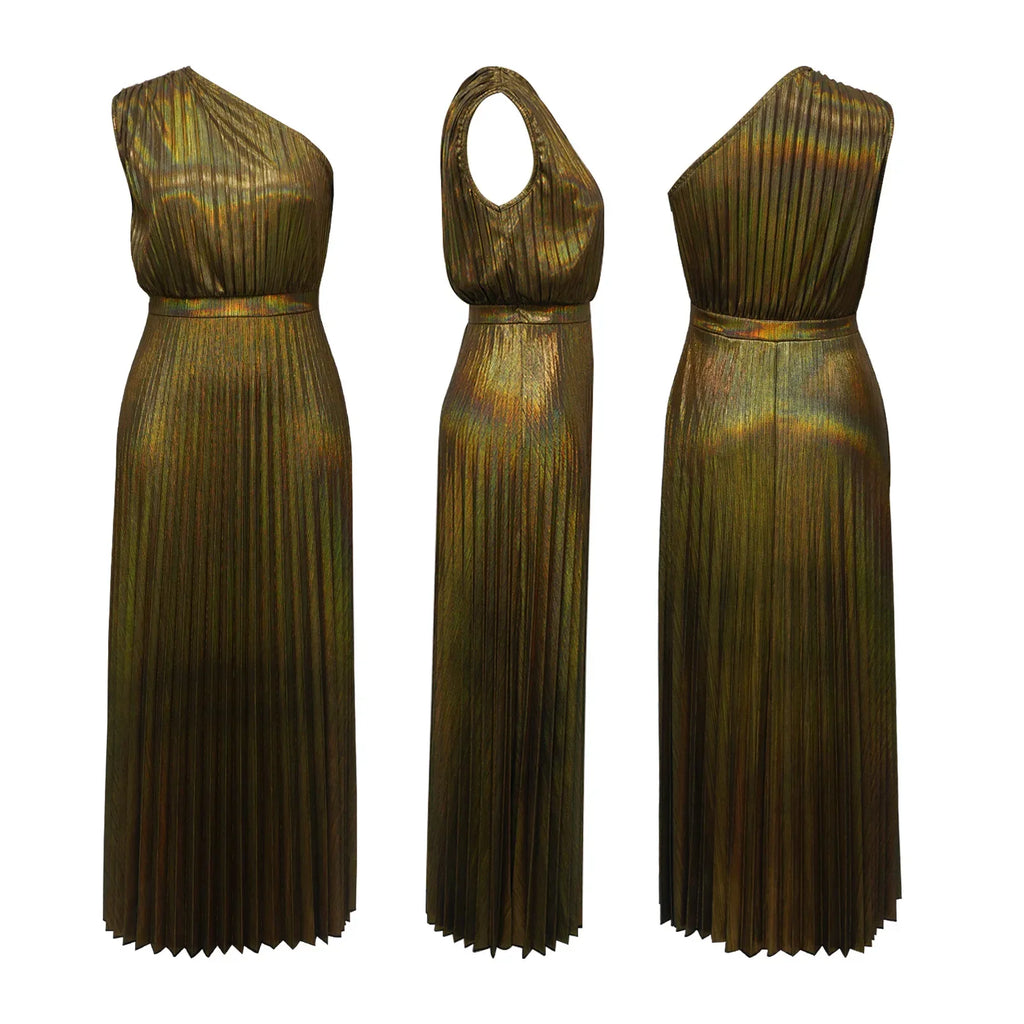 One Shoulder Metallic Pleated Maxi Dress Evening Gown