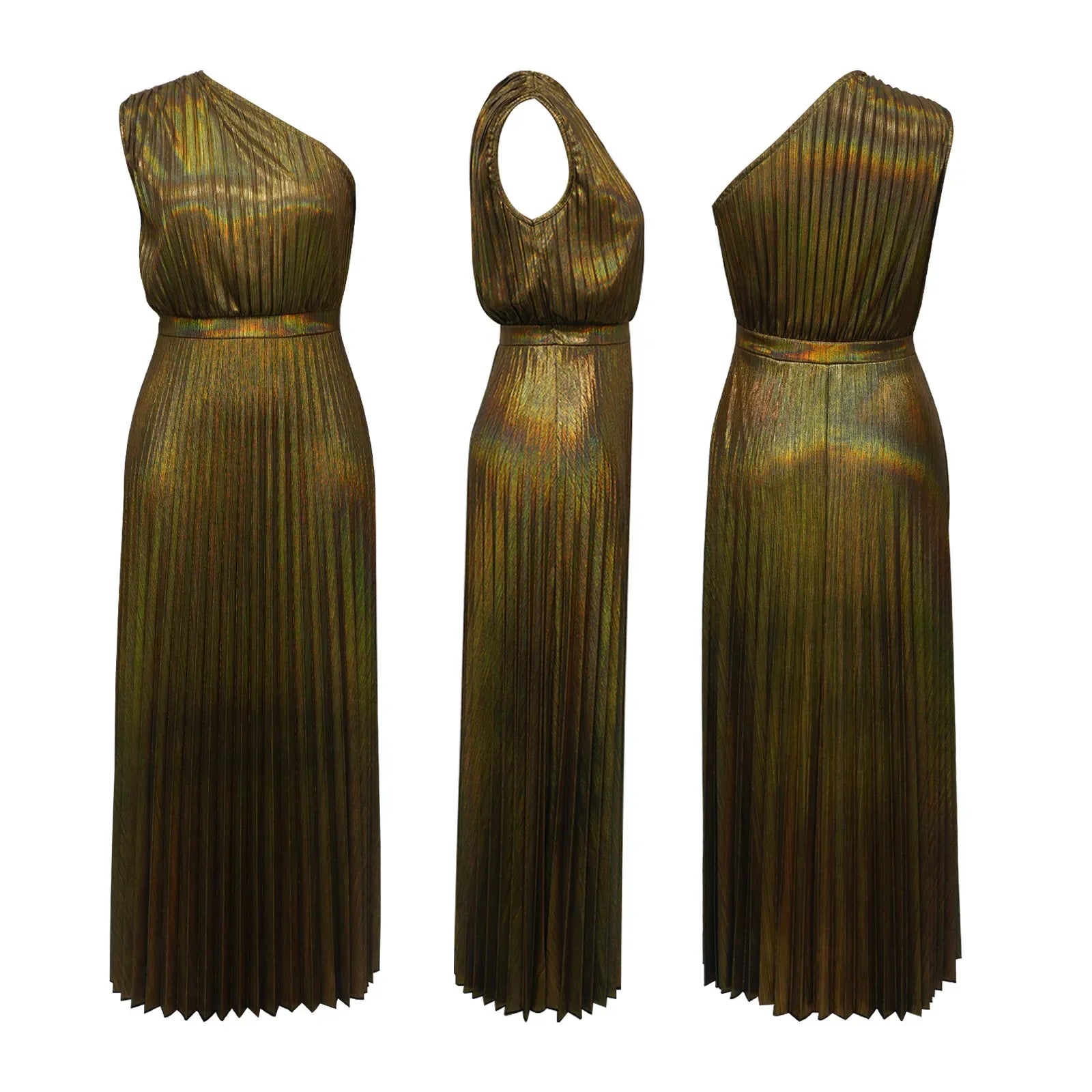 One Shoulder Metallic Pleated Maxi Dress Evening Gown
