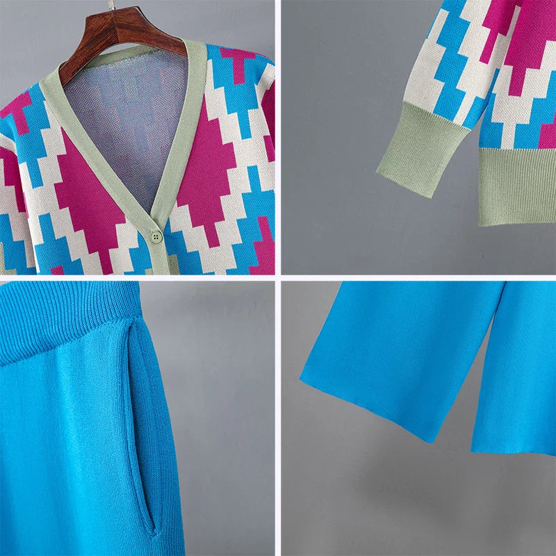 Women Casual V-neck Argyle Knit Cardigan and High Waist Wide Leg Pants Set